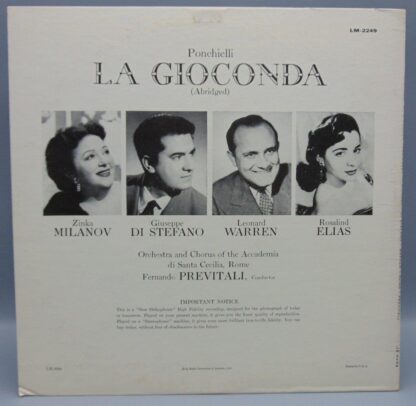 Ponchielli/Milanov/Stefano/Warren/Elias/Previtali La Gioconda (Abridged) RCA Victor Records LM-2249 Album LP Vinyl - Image 2