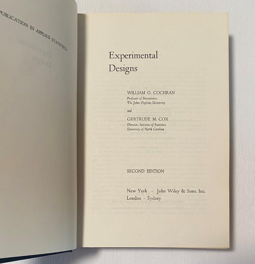 Experimental Designs 2nd Edition Cochran Cox 1957 John Wiley & Sons HC